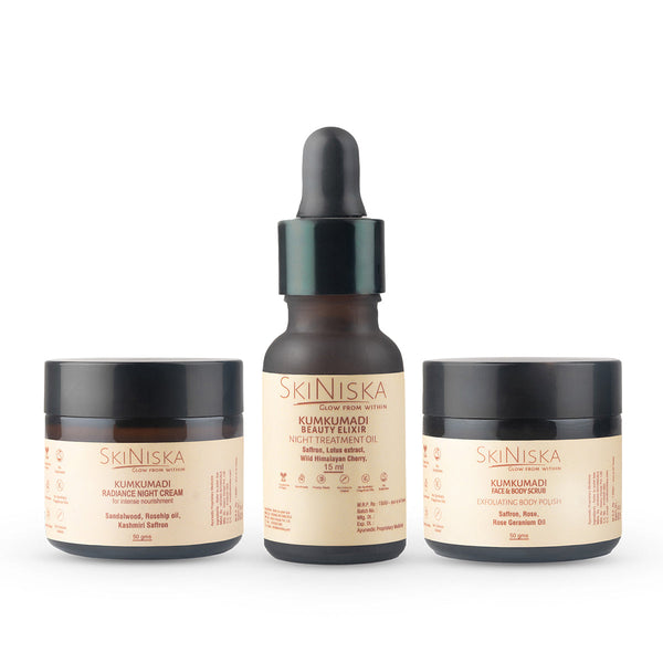 SKINISKA Vegan Flawless Skin Care Set Of Kumkumadi Beauty Elixir (15ml) +Kumkumadi Face & Body Scrub(50gm) + Kumkumadi Skin Radiance Night Cream(50gm)| Skin Care Combo Set | Pack Of 3